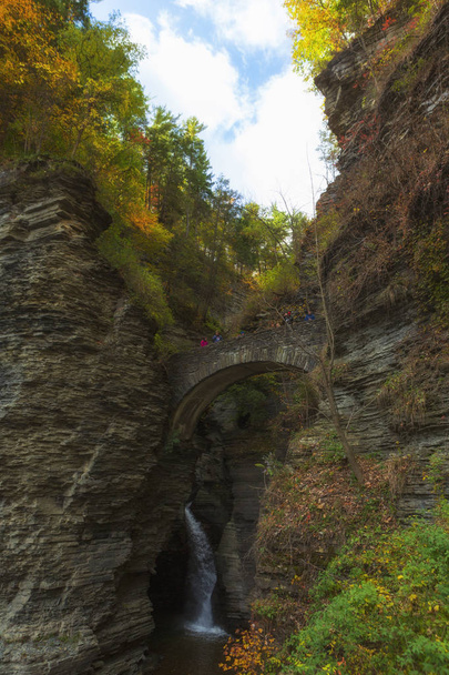 Watkins Glen State Park, położony w Watkins Glen, w regionie Finger Lakes w stanie Nowy Jork, jest popularnym celem podróży w sezonie jesiennym, ponieważ liście zmieniają się z zielonych na żółte i czerwone. - Zdjęcie, obraz