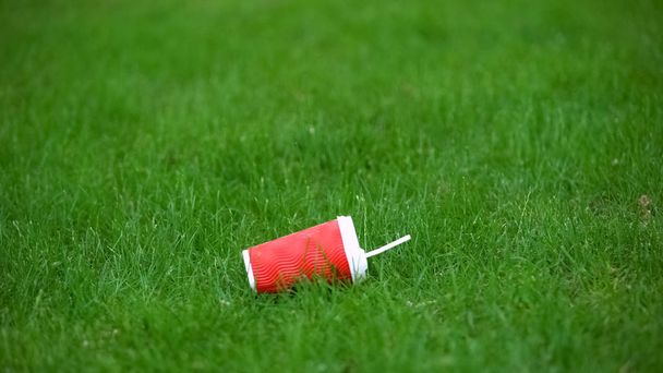 Coupe de papier vide couchée sur l'herbe, recyclage des déchets alimentaires, protection de l'environnement
 - Photo, image