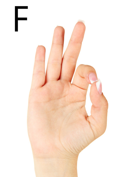 Finger Spelling the Alphabet in American Sign Language (ASL). Letter F - Zdjęcie, obraz