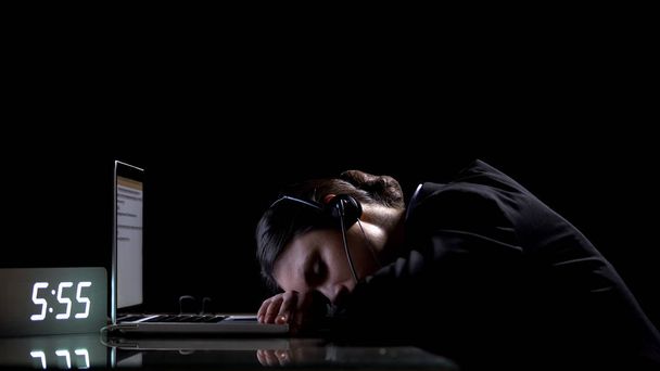 Exhausted lady office worker sleeping on laptop, suffering extensive workload - Zdjęcie, obraz