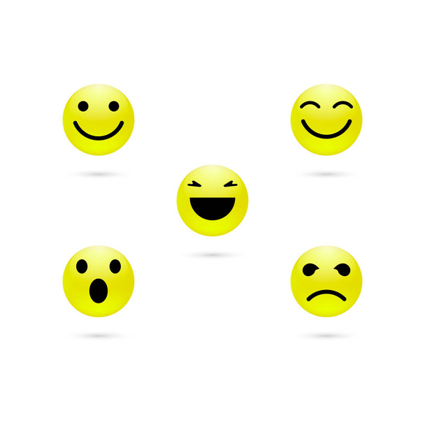 Set van smiley gezicht iconen of gele emoticons met verschillende gezichtsuitdrukkingen in glanzende 3D realistisch geïsoleerd in witte achtergrond. Vector illustratie - Vector, afbeelding