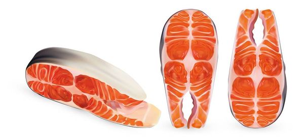 Définir le saumon de filet isolé sur fond blanc. Tranche 3D réaliste de poisson rouge. Beaux steaks saumon. Saumon frais à proximité. Illustration vectorielle
 - Vecteur, image