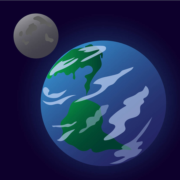 Drawn planet Earth and its moon moon on a dark background. It can be used on flyers, banners, networks and other projects. - Vektör, Görsel