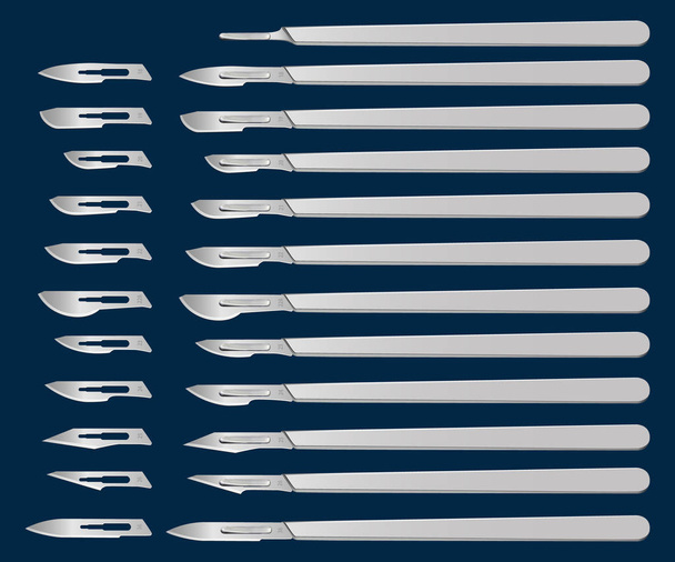 set of scalpels with removable blades for the handle number 4. special surgical hand tool. health and medicine. vector illustration. - Vector, Image