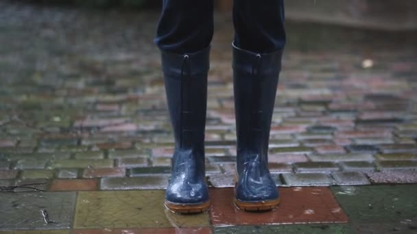 Osoba stojąca w ciemnoniebieskich butach deszczowych na utwardzonej drodze na podwórku, ulicy miejskiej lub w parku podczas ulewnego jesiennego deszczu. Moody malownicze jesień deszczowa prognoza pogody - Materiał filmowy, wideo