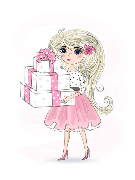 Hand drawn beautiful cute girl with gift boxes. Vector illustration - Vector, afbeelding