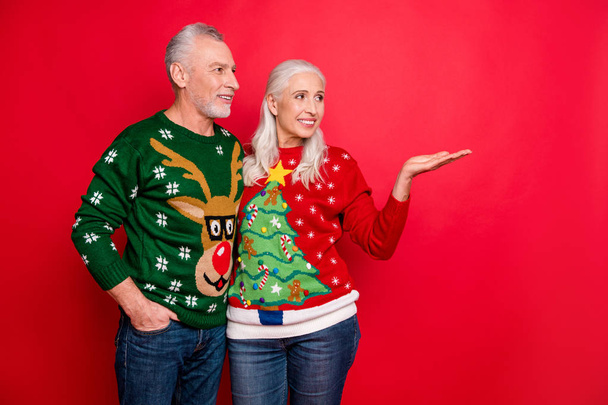 Nigth of great discounts concept. Photo of grey white haired grandparents enjoying hugging embracing making choice presenting new product wearing funny jumpers isolated vivid color background - Valokuva, kuva