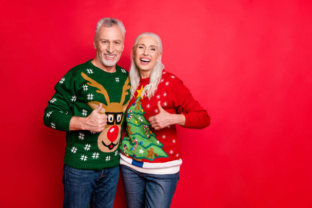We have perfect style concept. Photo of cheerful cool cheerful excited granddad and granny making finger up sign hugging embracing having great vacation in tree deer design jumpers isolated background - Valokuva, kuva