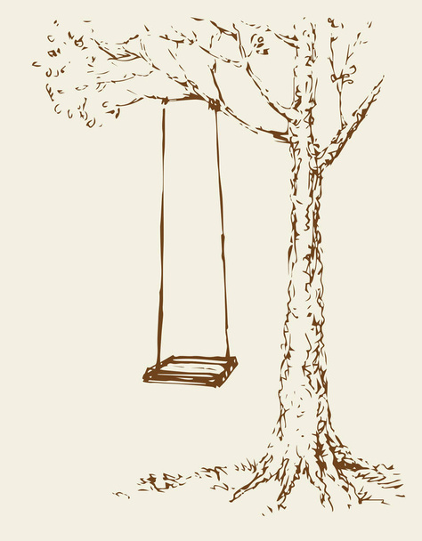 ベクトルスケッチ。古い樫の木にスイング - ベクター画像