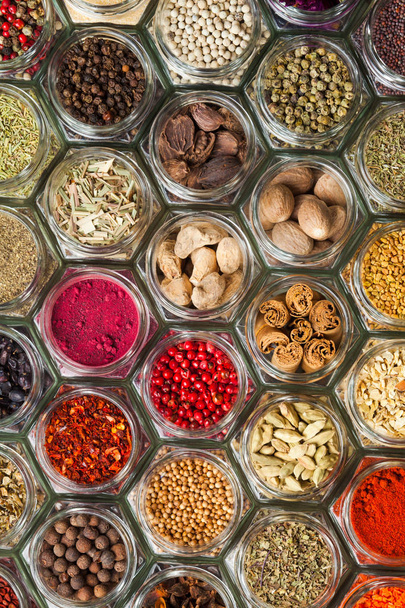 Various spices and herbs in bottles, top view - 写真・画像