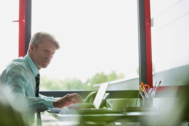 Serious businessman using laptop while doing paperwork at desk in office - Fotó, kép