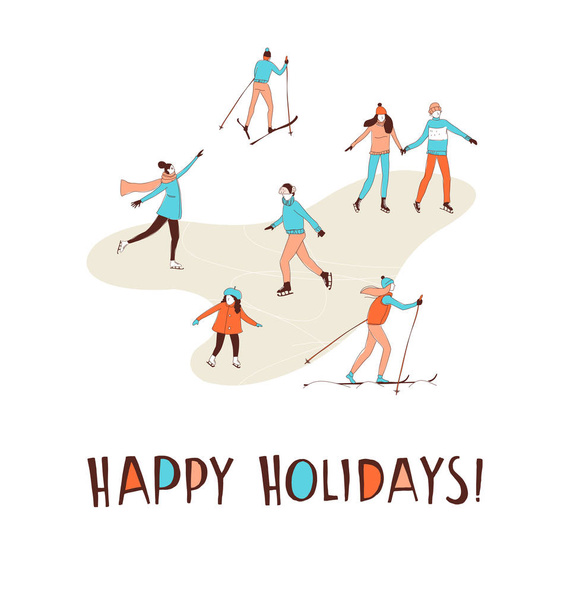 Wintersport-Aktivitäten Weihnachtsgrußkarte. frohe Feiertage - Vektor, Bild
