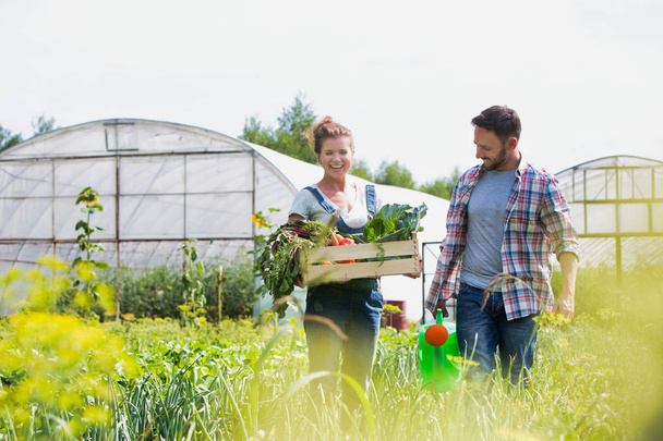 Happy couple talking while holding vegetable crate with watering can at farm - Fotoğraf, Görsel