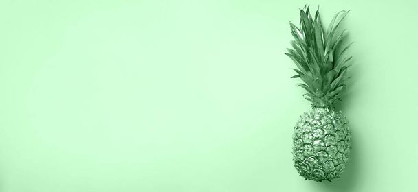 Creative layout. Monochrome pineapple on mint background with copy space. Top view. Tropical flat lay. Exotic food concept, crazy trend. Banner. - Фото, изображение