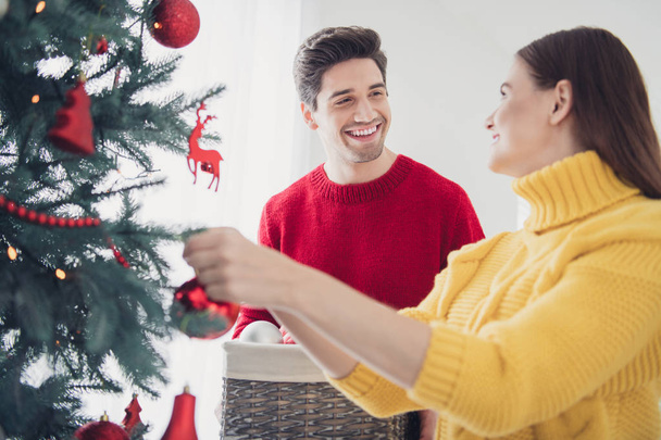 Close up photo of two romantic spouses decorate christmas tree with balls hang baubles feel positive on newyear vacations in house with x-mas ornaments garlands - Foto, imagen