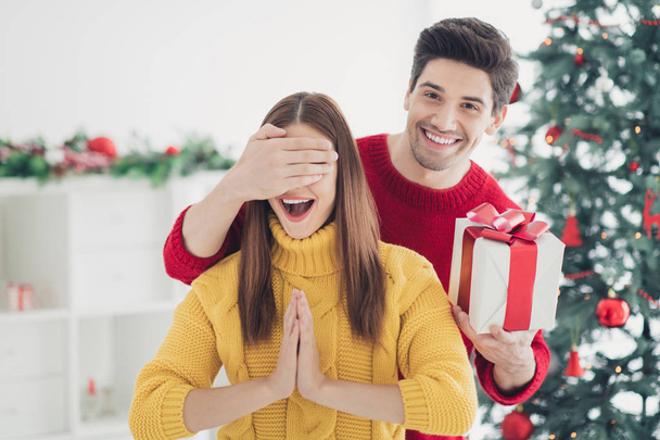 Portrait of two romantic people man close eyes face of his wife hold gift package for christmas midnight have fun in house with newyear decoration indoors - Foto, Imagem