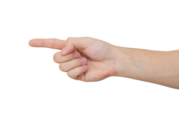Мужская рука показывает один палец изолирован на белом фоне с вырезкой пути
. - Фото, изображение