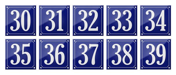 Zestaw tradycyjnych niebieskich znaków emaliowych-Numbers 30-39 - Zdjęcie, obraz