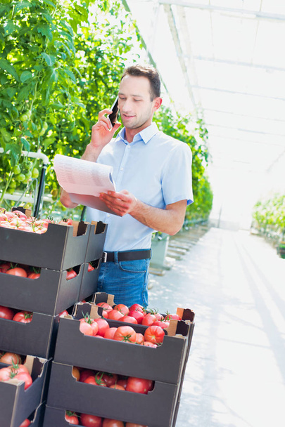 Smiling supervisor talking on smartphone while reading report over tomato crates in greenhouse - Foto, Imagem