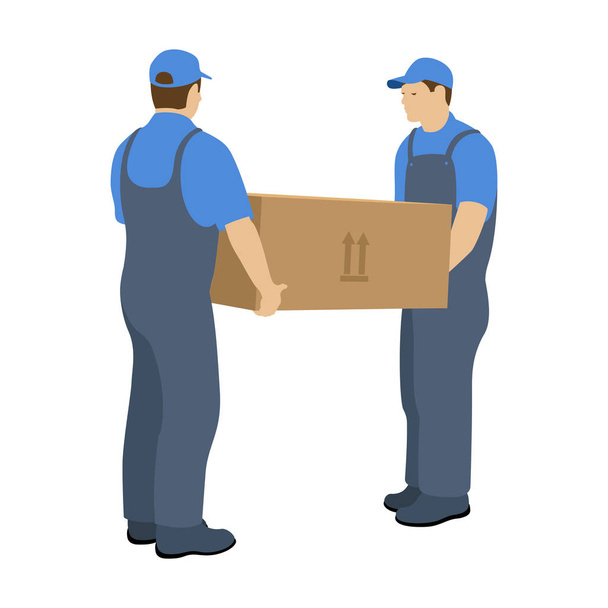 Dva muži v pohyblivé službě nesou velkou krabici. Vektorová ilustrace na bílém pozadí - Vektor, obrázek