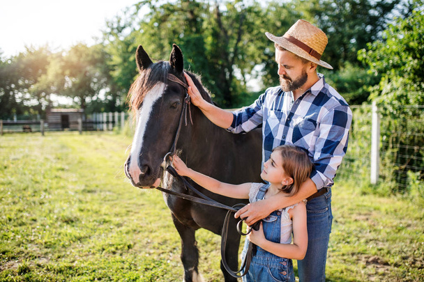Mature father and small daughter with horse working on small family animal farm. - Foto, Imagem
