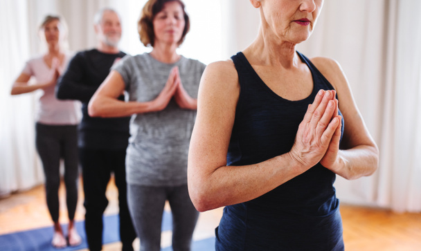 Group of senior people doing yoga exercise in community center club. - Foto, Bild