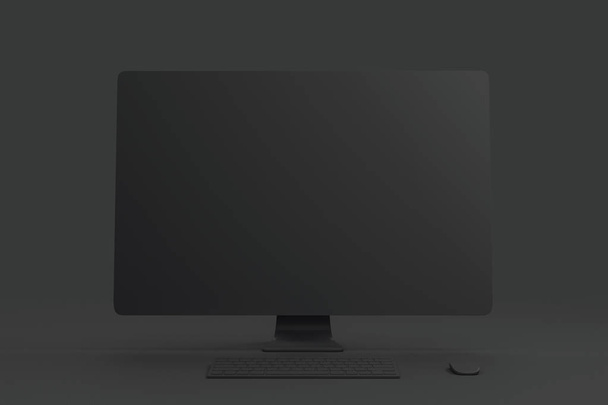 All black minimal concept with blank black single material computer at abstract dark background. - 写真・画像