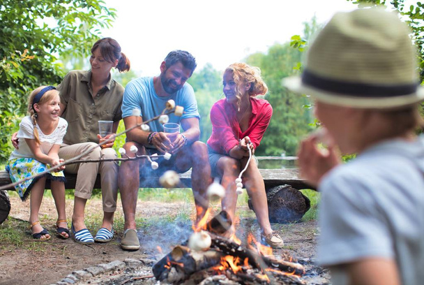 Happy family roasting marshmallows over campfire at park - Фото, изображение
