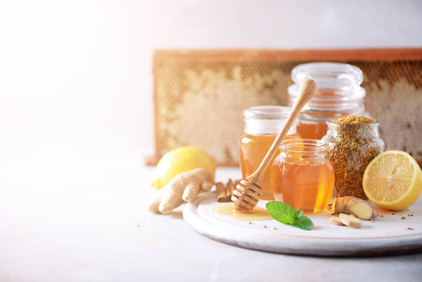 Alternative medicine concept. Ingredients for flu fighting natural hot drink. Copy space. Lemon, ginger, mint, honey, apple and spices on grey background - Photo, image