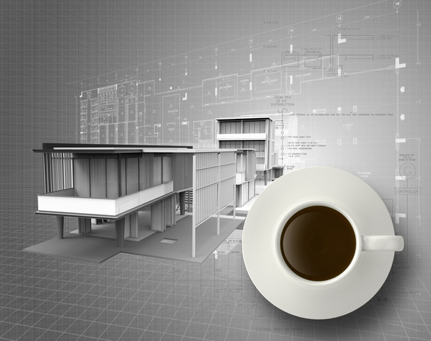 3d coffee cup on engineer blue print - Photo, Image