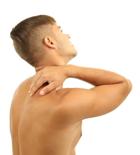 Young man with neck pain, isolated on white - Fotó, kép