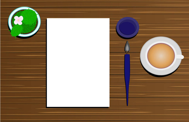 Написання листа - папір, ручка і чашка капучино, розташованого на дерев'яному столі в плоскому дизайні
 - Вектор, зображення
