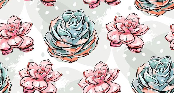 Hand getekende vector abstracte inkt borstel grunge tekening getextureerde vervaardigde decoratie succulente cactussen bloemen collage naadloze patroon geïsoleerd op witte achtergrond. - Vector, afbeelding