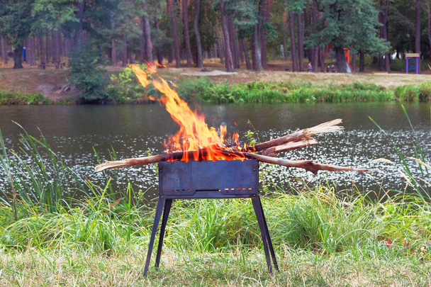 Grill. Grillsütő a természetben. Fa tüzet készített BBQ. grillezés szezon közelében tó vagy folyó. Piknik. - Fotó, kép