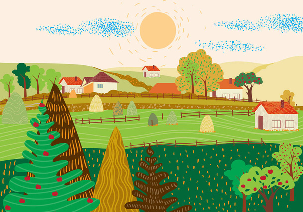 Renkli sahne ile Karikatür düz köy - Vektör, Görsel