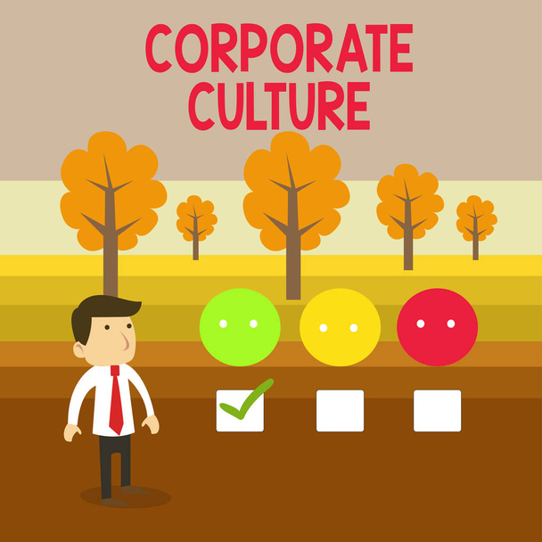 Fogalmi kéz írása mutatja Corporate kultúra. Üzleti fotó szöveg átható értékek és attitűdök jellemző a vállalat fehér kérdőív felmérés Choice elégedettség zöld Tick. - Fotó, kép