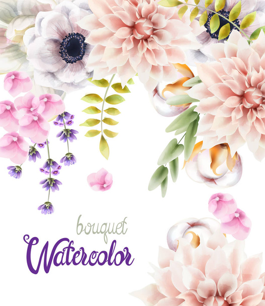 Watercolor flowers and leaves bouquet - Vector, Image
