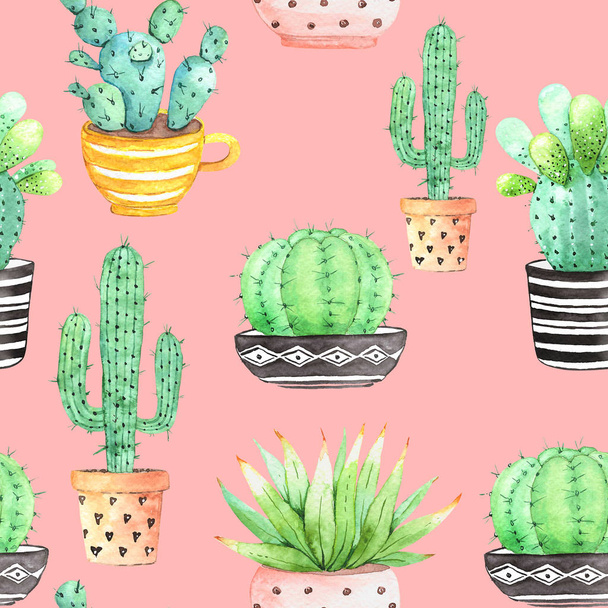 motif sans couture avec des cactus sur un fond rose, illustration aquarelle d'une plante en pot
 - Photo, image