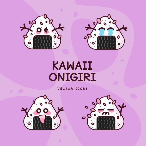 Иконы цвета линии суши Onigiri - японское блюдо. Кавайи. Цветной векторный набор. Все элементы изолированы
 - Вектор,изображение