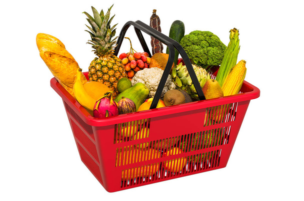 Warenkorb voller Lebensmittel, Obst und Gemüse - Foto, Bild