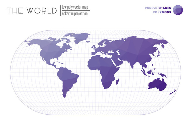 Mapa světa s pulzující trojúhelníky Eckert III projekce světa purpurové odstíny barevný - Vektor, obrázek