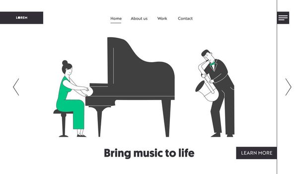 Σελίδα προορισμού ιστοσελίδας για πιανίστα και σαξόφωνο. Καλλιτέχνες που παίζουν μουσική σύνθεση στο Γκραν πιάνο και το σαξόφωνο για jazz απόδοση στο διαφημιστικό πανό της ιστοσελίδας. Κινούμενα σχέδια επίπεδη εικόνα, γραμμή τέχνης - Διάνυσμα, εικόνα