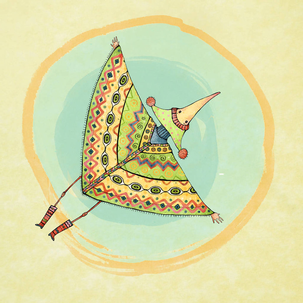 Southerboho stylu ręcznie rysowane ptaka w kolorowym Poncho i cute Hat leci na południe. - Zdjęcie, obraz