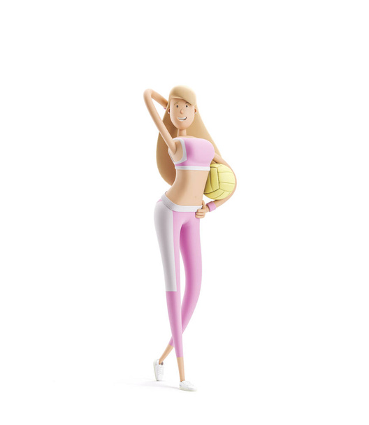 バレーボールで立っている女の子。ヨガ、スポーツ、フィットネスのコンセプト。漫画の女の子のキャラクター。3Dイラスト. - 写真・画像