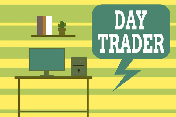A Day Trader-t ábrázoló jegyzet. Üzleti fotóbemutató A bizonyítja, hogy vásárolni és eladni a pénzügyi eszköz a nap folyamán asztali számítógép, fa asztali polc könyvek virágcserép. - Fotó, kép