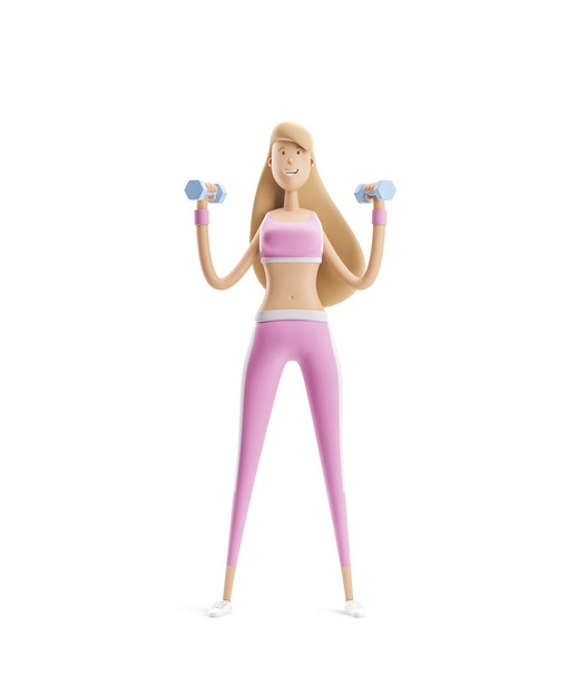 Chica haciendo ejercicio con pesas. Concepto de yoga, deporte y fitness. Personaje de chica de dibujos animados. ilustración 3d
. - Foto, imagen