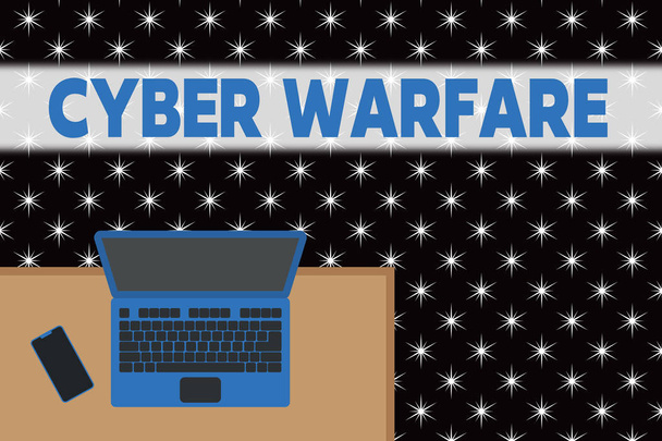 Sana kirjoittaa kybersodankäyntiä. Business käsite Virtual War Hackers System Attacks Digital Thief Stalker Ylä näkymä toimisto työpaikalla kannettava tietokone makaa puinen pöytä älypuhelin puolella
. - Valokuva, kuva