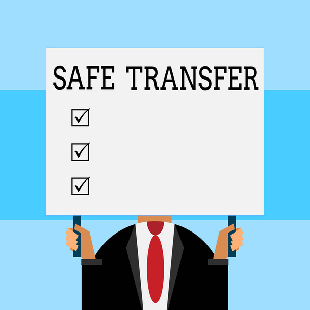 Writing note showing Safe Transfer. Business photo showcasing Wire Transfers electronically Not paper based Transaction Just man chest dressed dark suit tie holding big rectangle. - Photo, Image