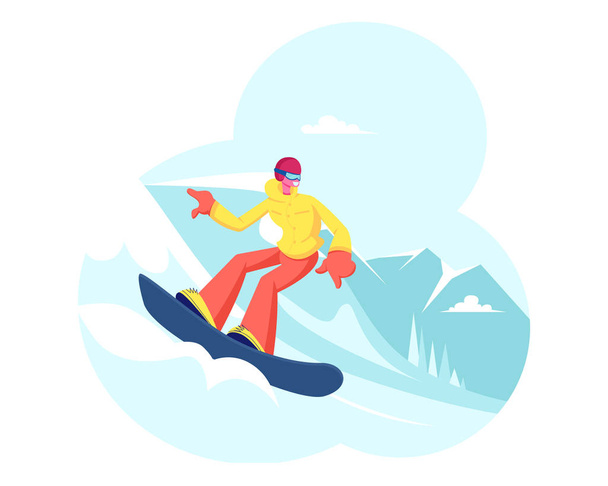 Happy Girl Riding Snowboard by Snow Slopes durante las vacaciones de invierno. Deportiva divirtiéndose en estación de esquí que va cuesta abajo. Actividad de viajes Entretenimiento. Dibujos animados plana Vector Ilustración
 - Vector, imagen