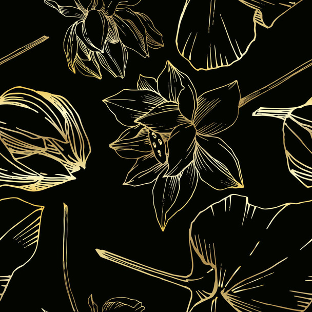 Vector Lotus kwiatowy kwiat botaniczny. Czarno-biała grawerowana sztuka atramentu. Płynny wzór tła. - Wektor, obraz